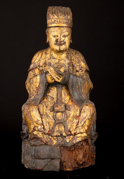 Figura di Buddha in Legno Dorato, Cina, Dinastia Qing, XIX Secolo