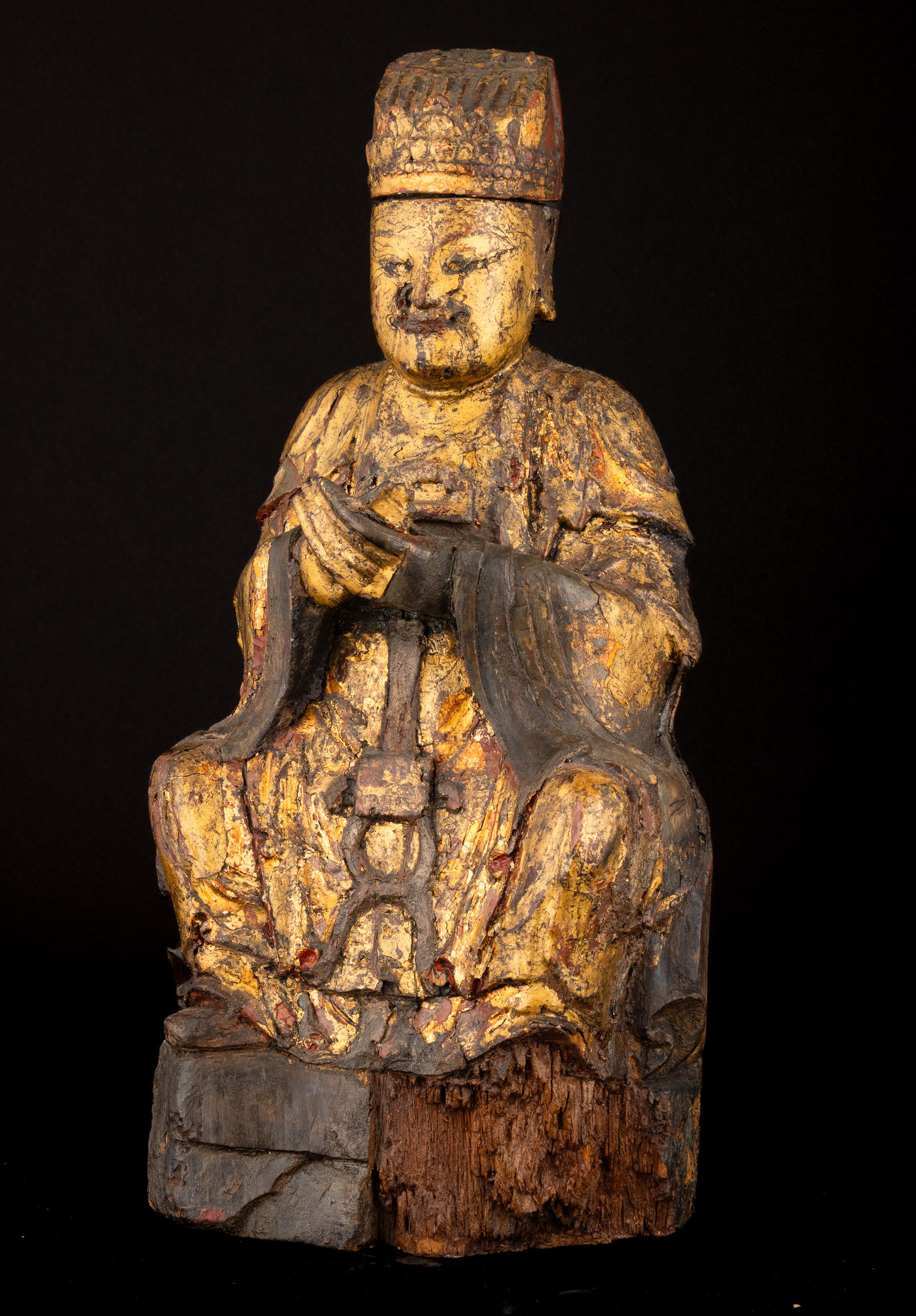 Figura di Buddha in Legno Dorato, Cina, Dinastia Qing, XIX Secolo