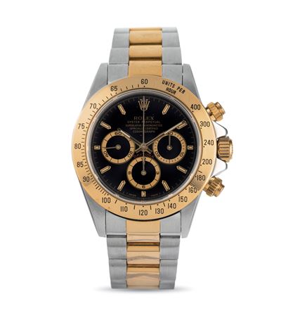 Cosmograph Daytona Ref 16523 Acciaio e Oro, Quadrante Nero con Contatori Champagne e Bracciale Oy...