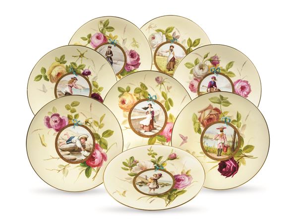 Dodici eccezionali piatti  Inghilterra, Manifattura Minton, ultimo quarto del XIX secolo Per George C. Shreve & Co., San Francisco 