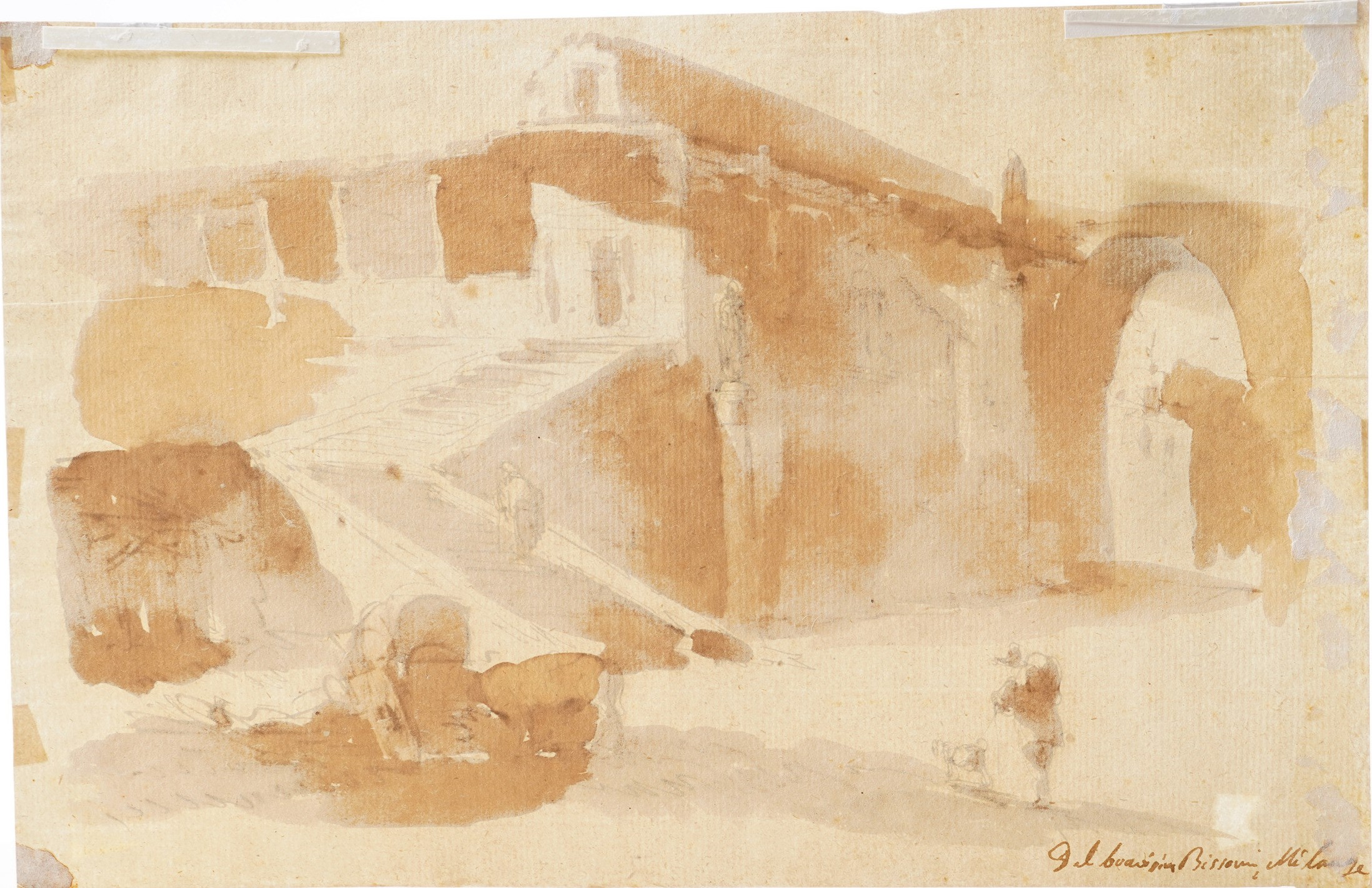 Giuseppe Bernardino Bison - Interno di cortile rustico con figure, penna e acquerello su carta