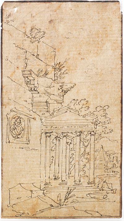 Capriccio con rovine classiche, penna e inchiostro nero su carta