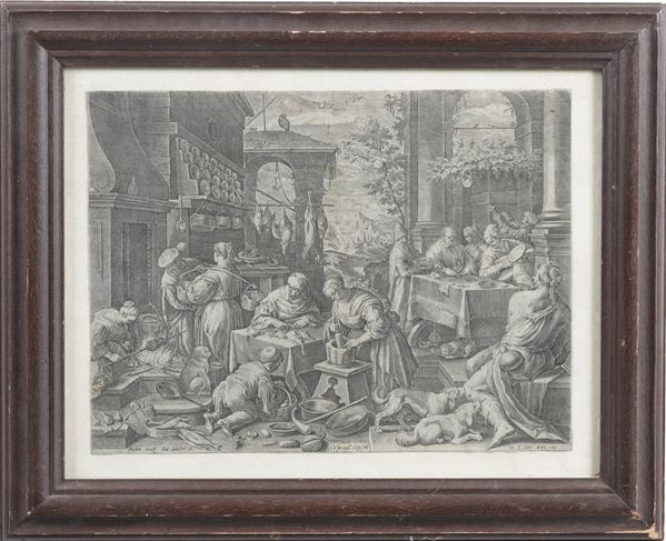 Johannes Sadeler (Bruxelles 1550 - Venezia 1600) Lazzaro alla mensa del ricco Epulone Post 1580