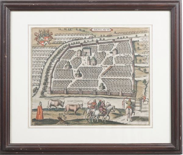 Veduta a volo d'uccello della città di Mosca colorata all'acquarello