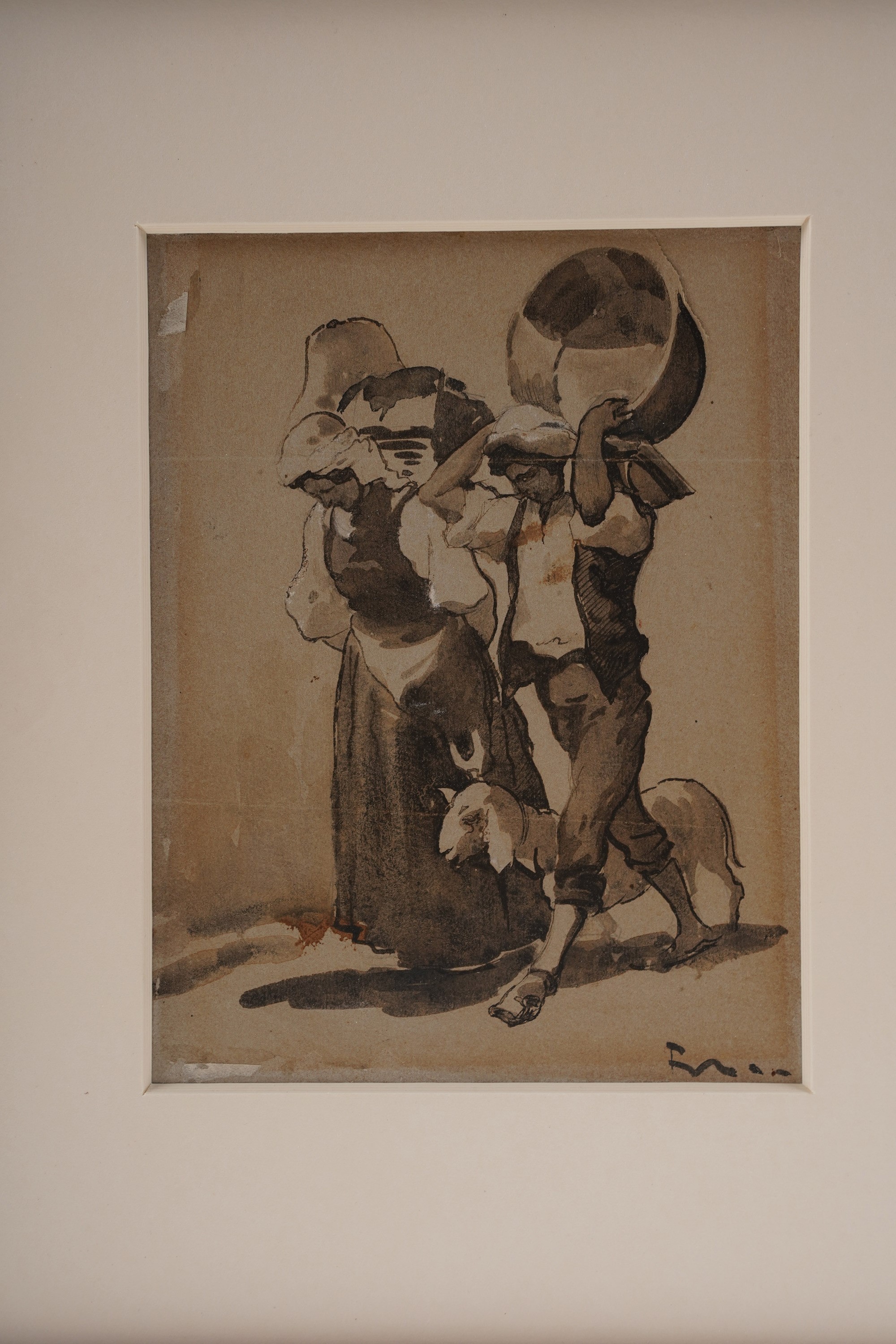 Giacomo Favretto - Scena di Vita Quotidiana: un Pastore che Porta un Secchio e una Contadina, tra...