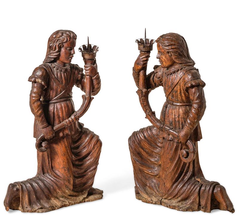 Arte rinascimentale (Lombardia?) XV-XVI secolo Coppia di angeli cerofori genuflessi  - Auction Sculpture and Works of Art - Cambi Casa d'Aste