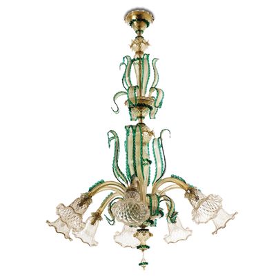Lampadario in Vetro di Murano Ad Otto Luci. XX Secolo