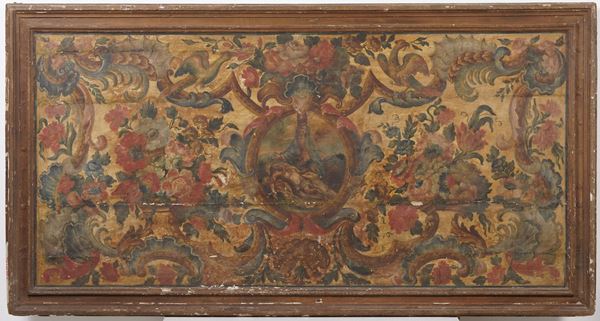 Pannello di carretto siciliano in legno dipinto. XVIII secolo