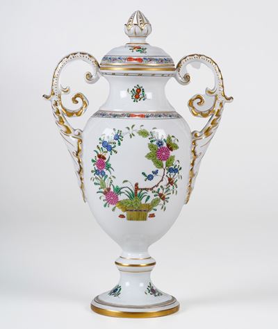 Vaso Biansato, "indian Basket Multicolor". Ungheria, Manifattura Herend, XX Secolo.