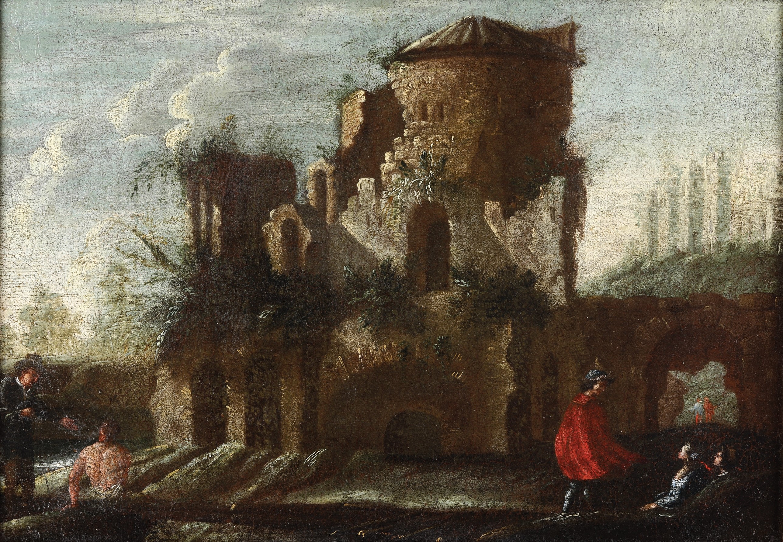 Scuola del XVII Secolo Paesaggio con Architetture e Figure