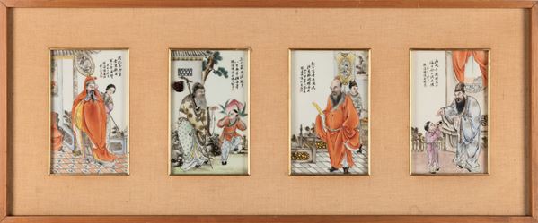 Porcelain paintings depicting scenes of court life, China, Republic period, 20th century