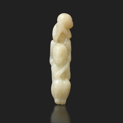 Lotto Composto di Figura Raffigurante Uroboro e Figura di Coppia di Scimmie Scolpite in Giada, Ci...