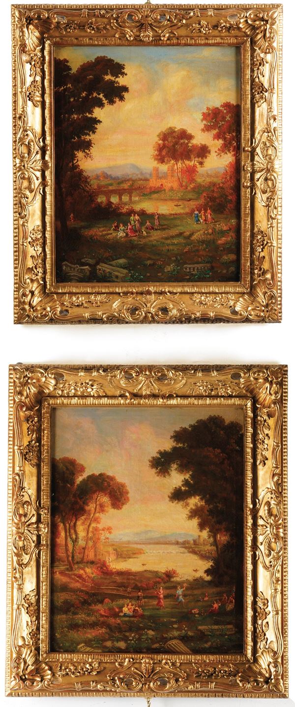 Pittore del XIX secolo Paesaggi fluviali con figure di contadini