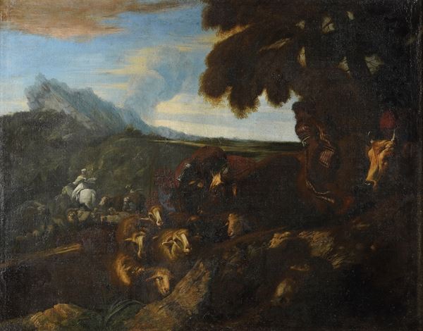 Scuola genovese del XVII secolo Paesaggio con carovana