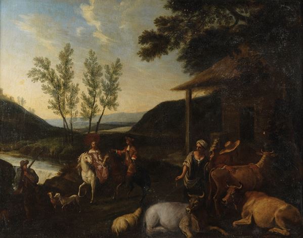 Scuola del XVII secolo Paesaggio con nobili a cavallo e contadini