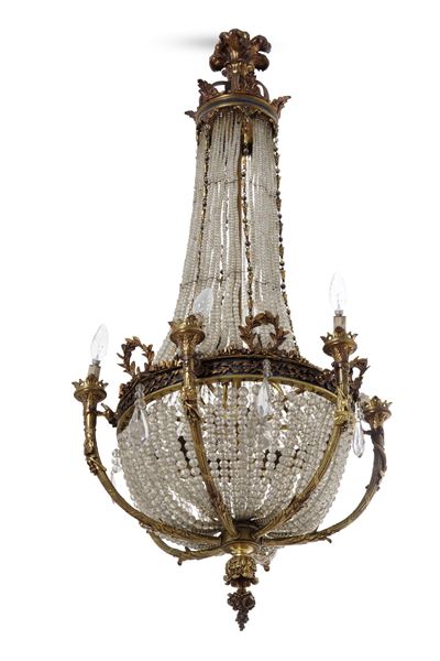 Lampadario Impero in Bronzo Dorato e Cristalli. Fine XIX Secolo