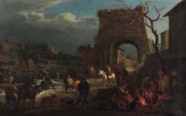 Veduta invernale di città con popolani