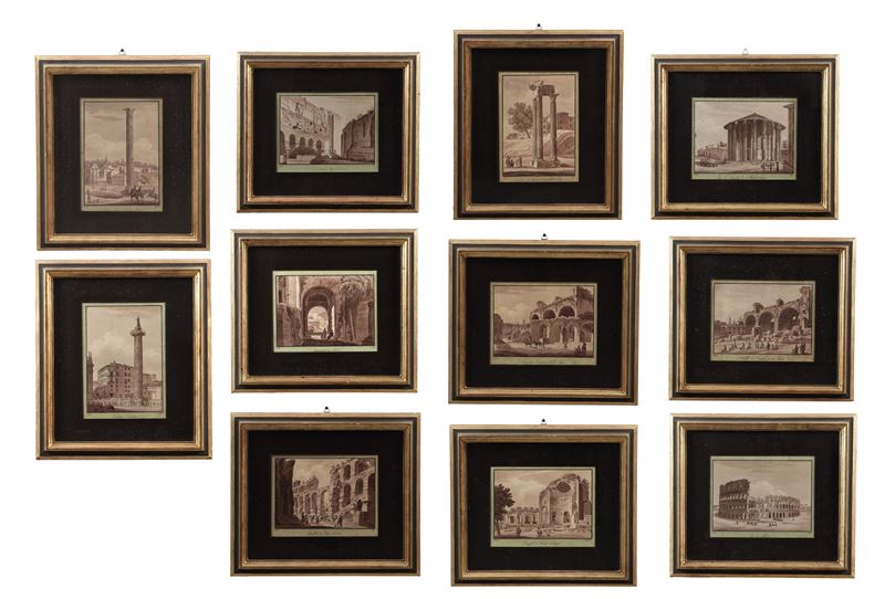 Lotto di 11 acquerelli con monumenti romani. XIX secolo  - Asta Antiquariato - Cambi Casa d'Aste