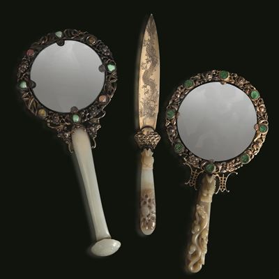 Lotto Composto da Due Lenti in Argento con Innesti di Pietre Dure e un Tagliacarte, i Manici Sono...