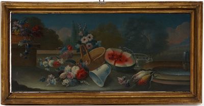 Natura Morta con Fiori, Anguria e Vasellame