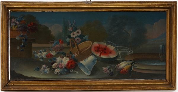 Francesco Lavagna - Natura morta con fiori, anguria e vasellame