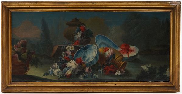 Francesco Lavagna - Natura morta con fiori, anguria e vasellame