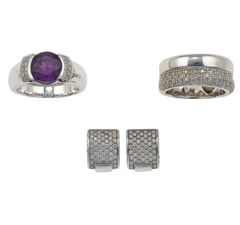 Lotto composto da anello con ametista, anello a fascia ed orecchini  - Asta Gioielli - Cambi Casa d'Aste