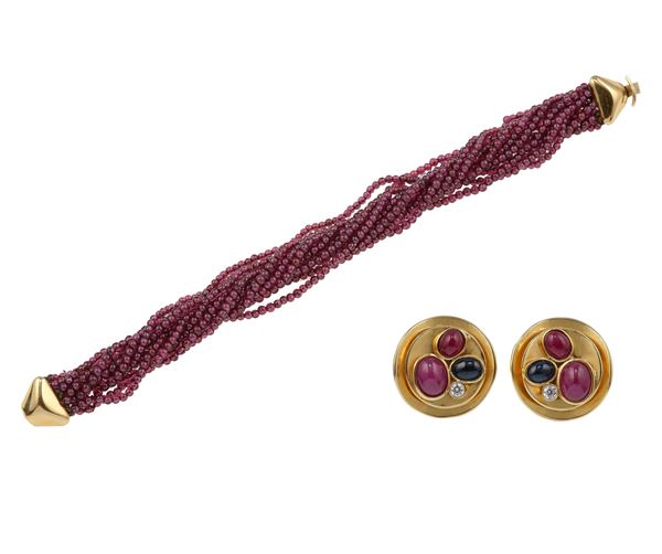 Pair of gem-set earrings and ruby bracelet