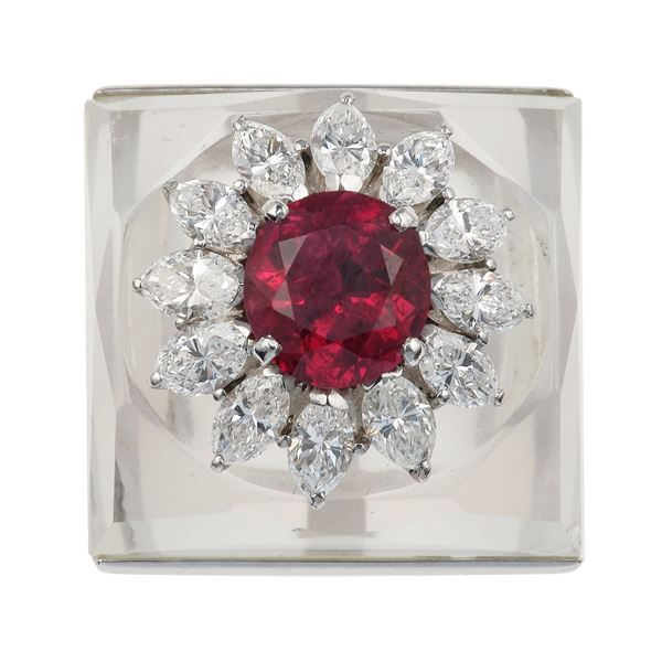 Ruby, diamond and rock crystal ring