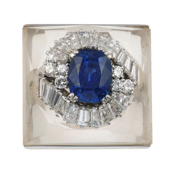 Sapphire, diamond and rock crystal ring