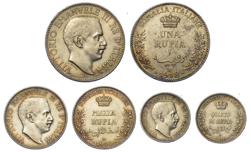 SOMALIA ITALIANA. VITTORIO EMANUELE III DI SAVOIA, 1909-1925. Lotto di tre monete.  - Auction Numismatics - Cambi Casa d'Aste