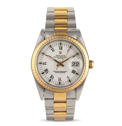 Oyster Perpetual Date Ref 15233 Acciaio e Oro, Quadrante Bianco Numeri Romani, Ghiera Godronata, ...