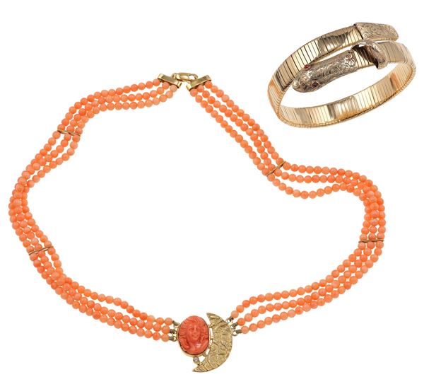 Coral necklace and low karat gold bangle