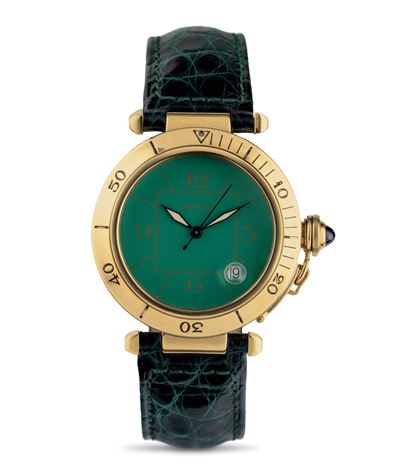 Pasha in Oro Giallo 18k con Rarissimo Quadrante Verde, Cinturino in Pelle, Movimento Automatico c...
