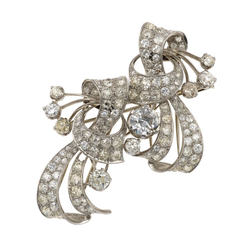 Old-cut diamond, platinum and gold double clip-brooch  - Auction Fine Jewels - Cambi Casa d'Aste