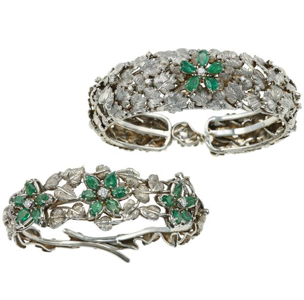 Two gold, diamond and emerald bracelets