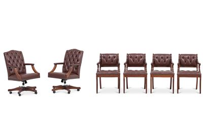 Sei Poltroncine in Legno Intagliato e Pelle. XX Secolo