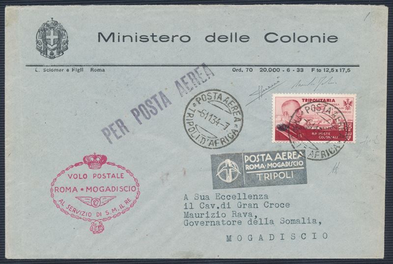 1934 - Tripolitania - Volo Roma-Mogadiscio - Servizio Aereo - Aerogramma (Longhi 3206)  - Asta Storia Postale e Filatelia - Cambi Casa d'Aste