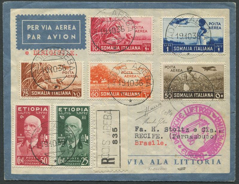 1936 - Colonia di Eritrea - Posta Aerea - Raccomandata da Addis Abeba a Recife (Brasile)  - Auction Postal History and Philately - Cambi Casa d'Aste