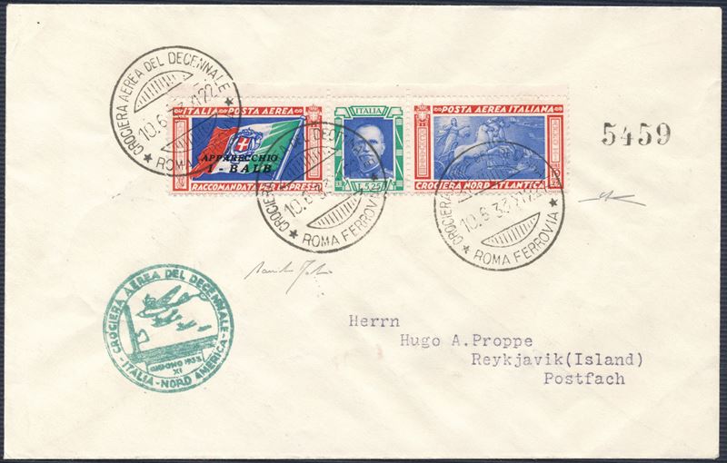 1933 - Crociera Aerea del Decennale - Aerogramma da Roma a Reykjavik - I-BALB (Longhi 2855)  - Asta Storia Postale e Filatelia - Cambi Casa d'Aste
