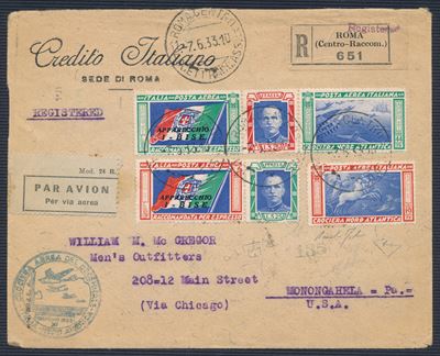 1933, Crociera Aerea del Decennale, Aerogramma da Roma a Monongahela (pa) con Coppia di Trittici ...