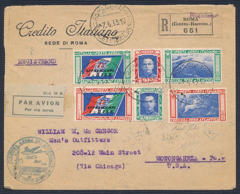 1933, Crociera Aerea del Decennale, Aerogramma da Roma a Monongahela (PA) con coppia di trittici I-BISE (Longhi 2900)  - Asta Storia Postale e Filatelia - Cambi Casa d'Aste