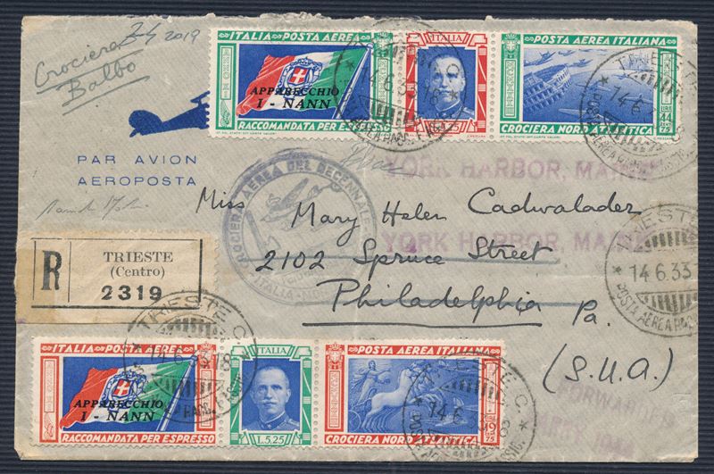 1933, Crociera Aerea del Decennale, Aerogramma da Roma a York Harbor (Maine) via New York con coppia di trittici I-NANN (Longhi 2900)  - Auction Postal History and Philately - Cambi Casa d'Aste