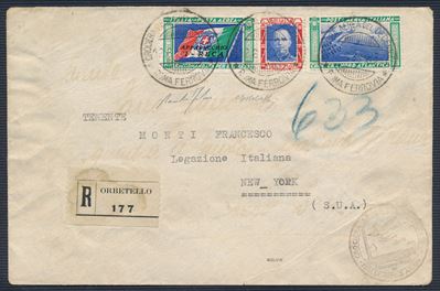 1933, Crociera Aerea del Decennale, Aerogramma da Roma a New York con Trittico I-reca (longhi 286...