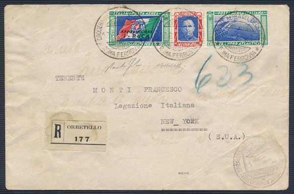 1933, Crociera Aerea del Decennale, Aerogramma da Roma a New York con trittico I-RECA (Longhi 2860)