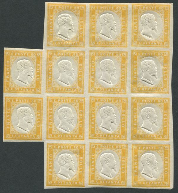 1858-62 - A.S.I. - Regno di. Sardegna - 80c. arancio blocco di 14 esemplari