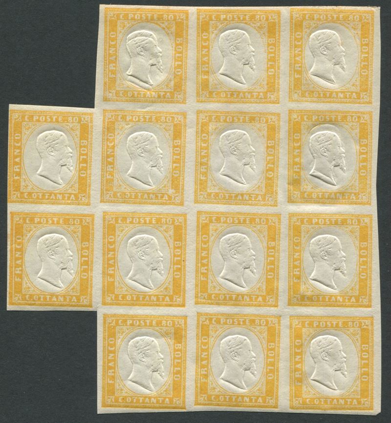 1858-62 - A.S.I. - Regno di. Sardegna - 80c. arancio blocco di 14 esemplari  - Auction Postal History and Philately - Cambi Casa d'Aste