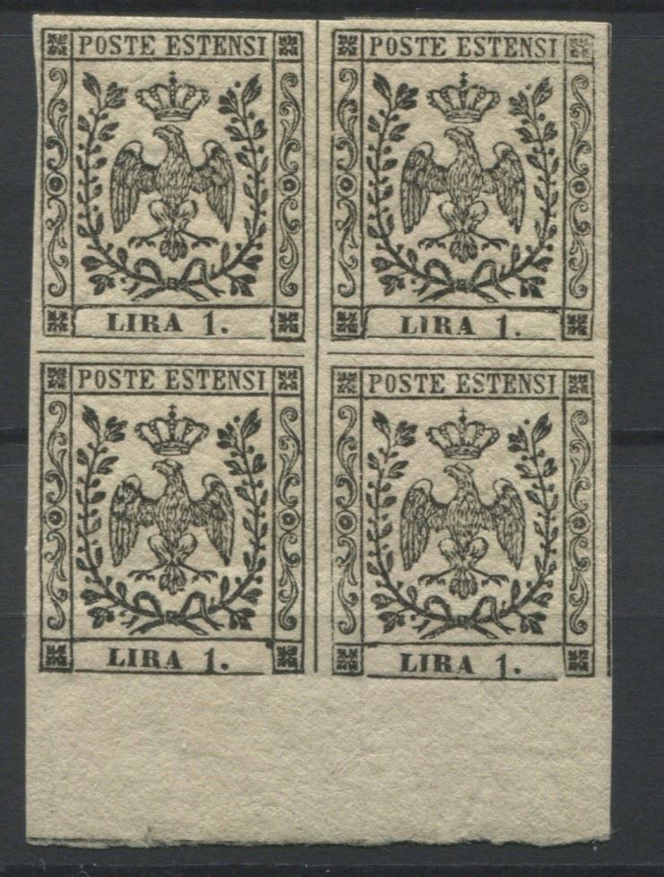 1852, Modena, Aquila estense, 1l. bianco con punto dopo dopo la cifra, quartina (11)  - Asta Storia Postale e Filatelia - Cambi Casa d'Aste