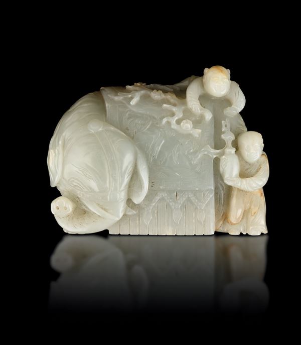 Russet jade figure depicting children and elephant, China, Qing Dynasty, Qianlong period, 18th century
