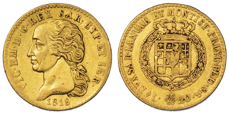 REGNO DI SARDEGNA. VITTORIO EMANUELE I DI SAVOIA, 1802-1821. 20 Lire 1818. Torino.  - Auction Numismatics - Cambi Casa d'Aste